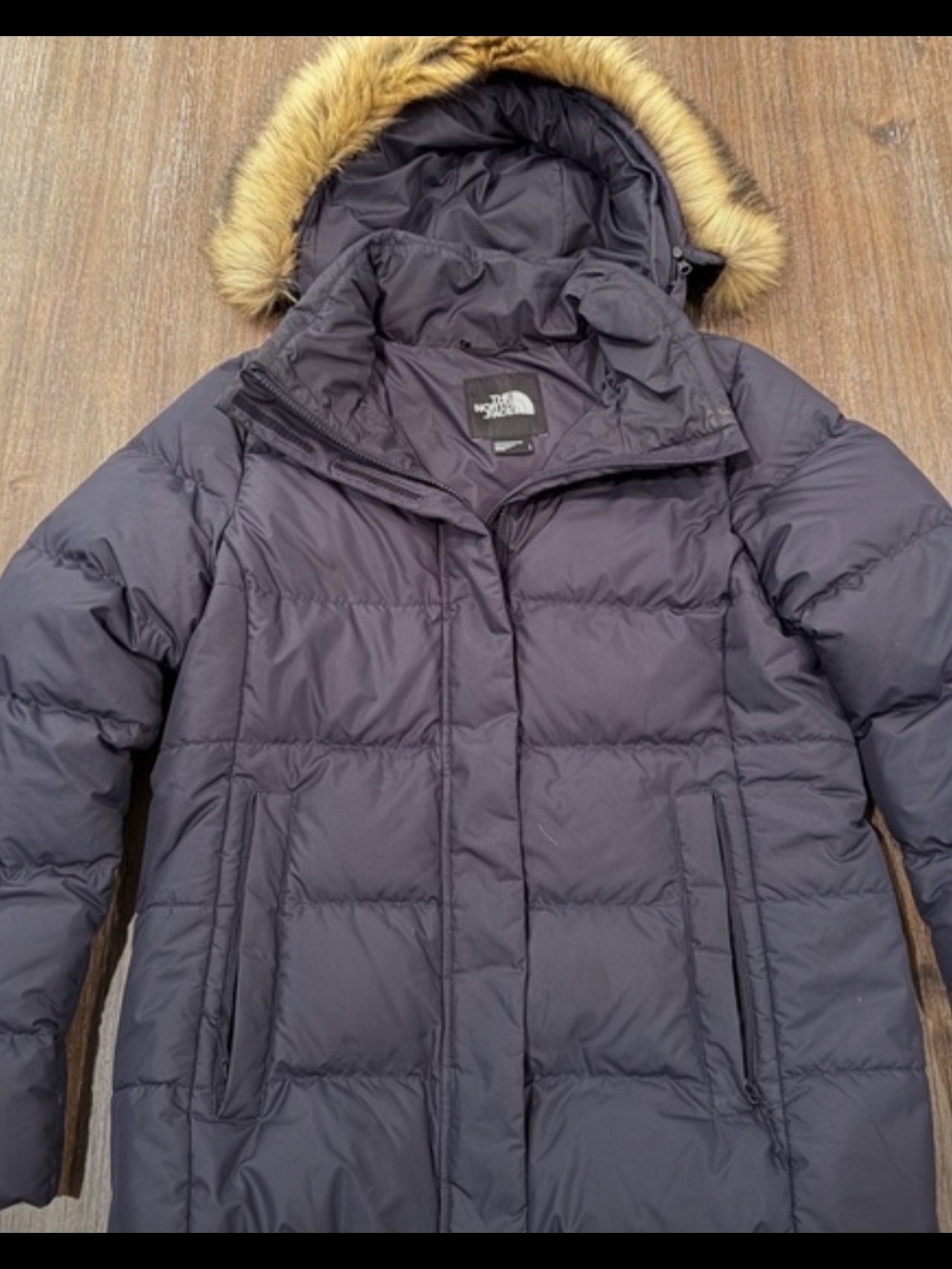 The North Face Women’s 550 Navy Puffer Coat with Faux Fur Hood